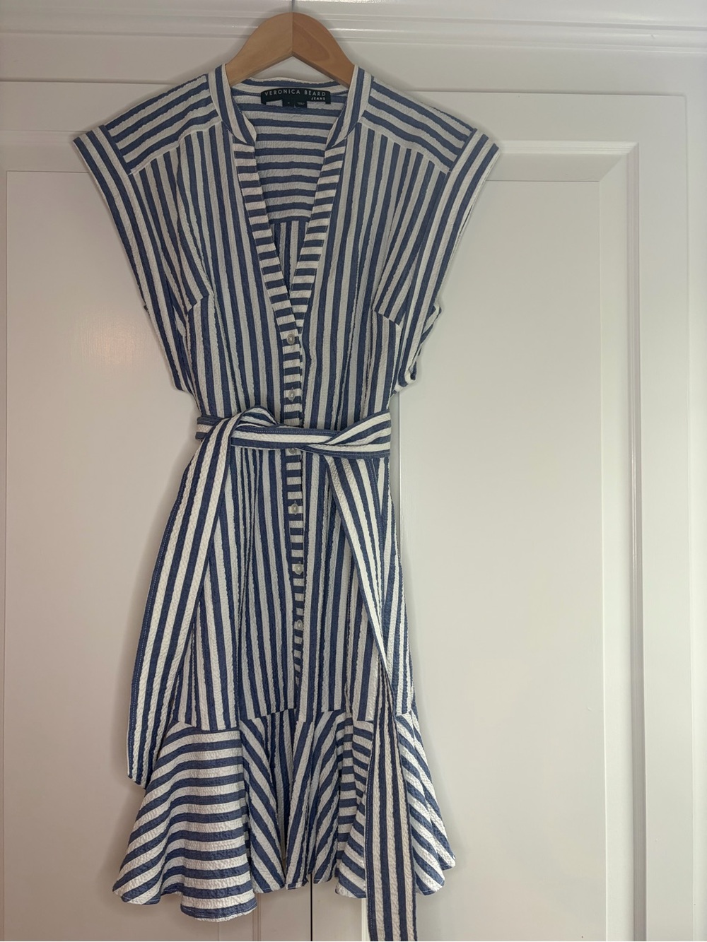 Veronica Beard Jean Blue & White Striped Belted Shirt Dress